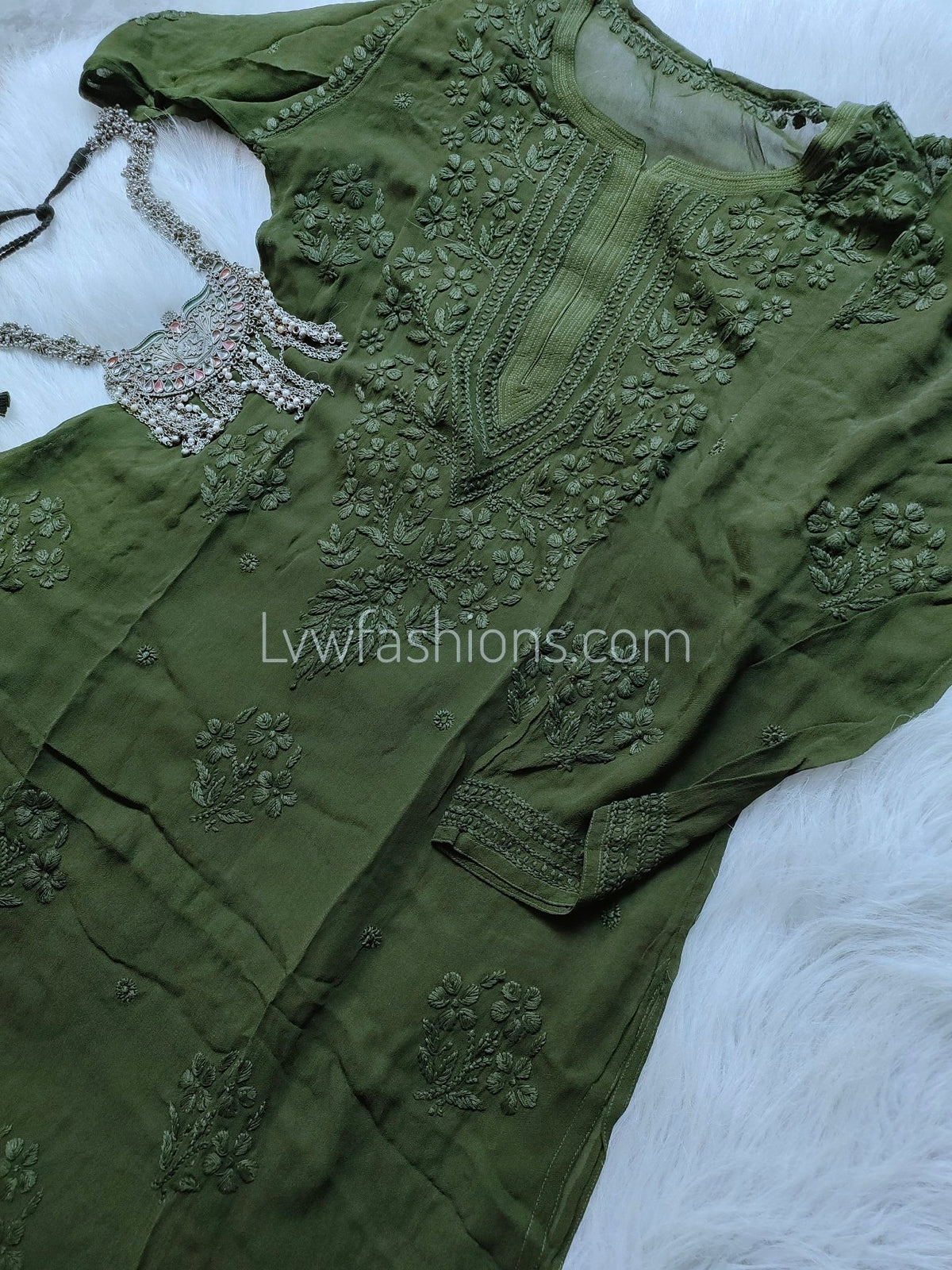 Pink Zainab Premium Georgette Chikankari Long Kurta with big side booties, elegant traditional embroidery by LVW Fashion Luxurious Chikankari.
