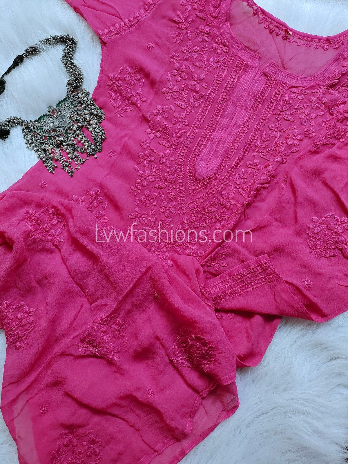 Pink Zainab Premium Georgette Chikankari long kurta with intricate embroidery and large side booties, by LVW Fashion Luxurious Chikankari.