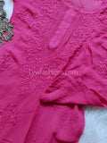 Pink Zainab Premium Georgette Chikankari long kurta with both side big booties, stylish traditional LVW Fashion Luxurious Chikankari.