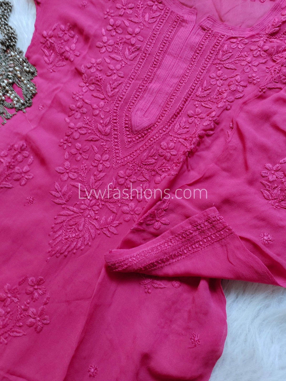Pink Zainab Premium Georgette Chikankari long kurta with both side big booties, stylish traditional LVW Fashion Luxurious Chikankari.