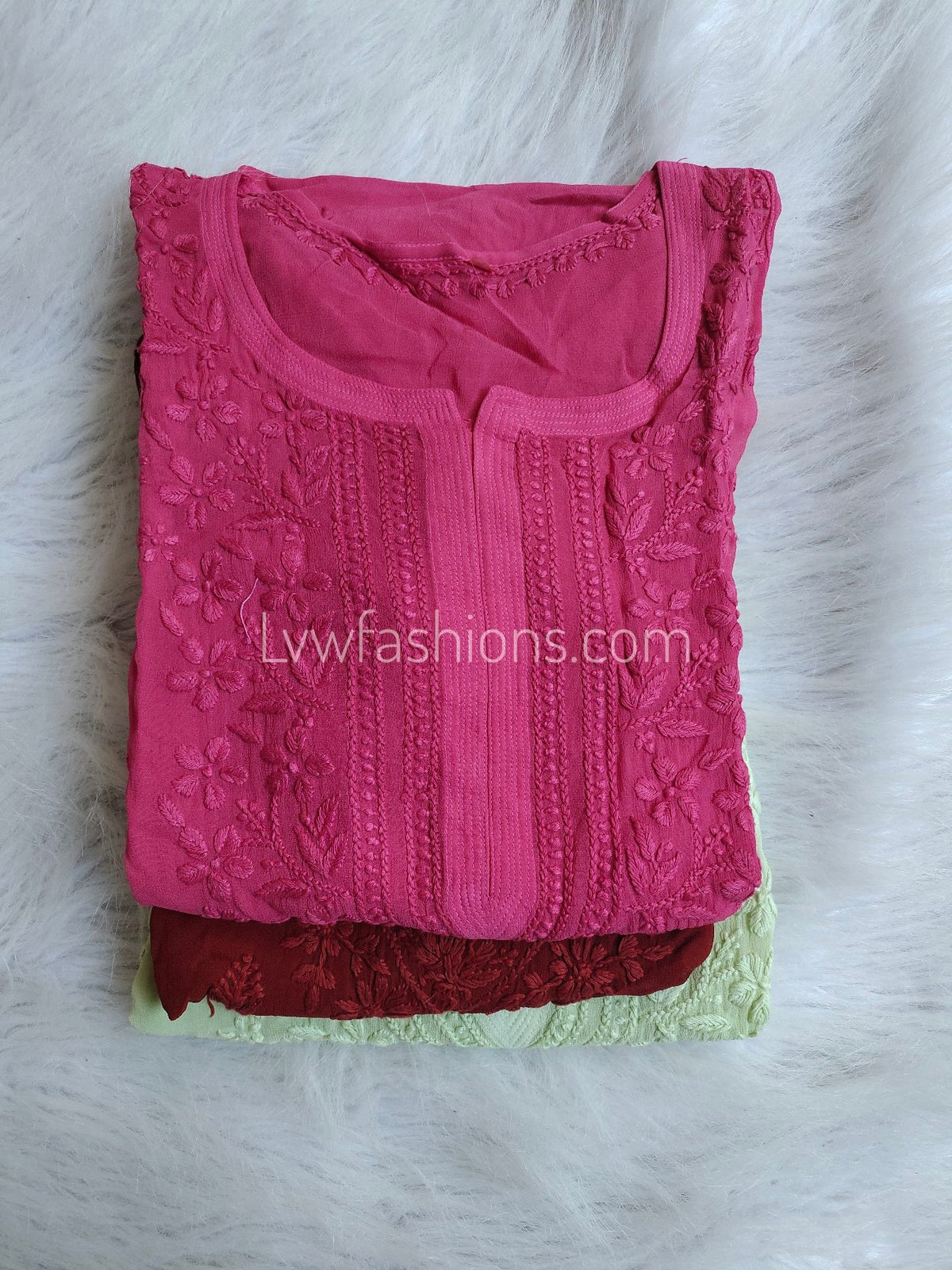 Pink Zainab Premium Georgette Chikankari Long Kurta with large side booties, by LVW Fashion Luxurious Chikankari.