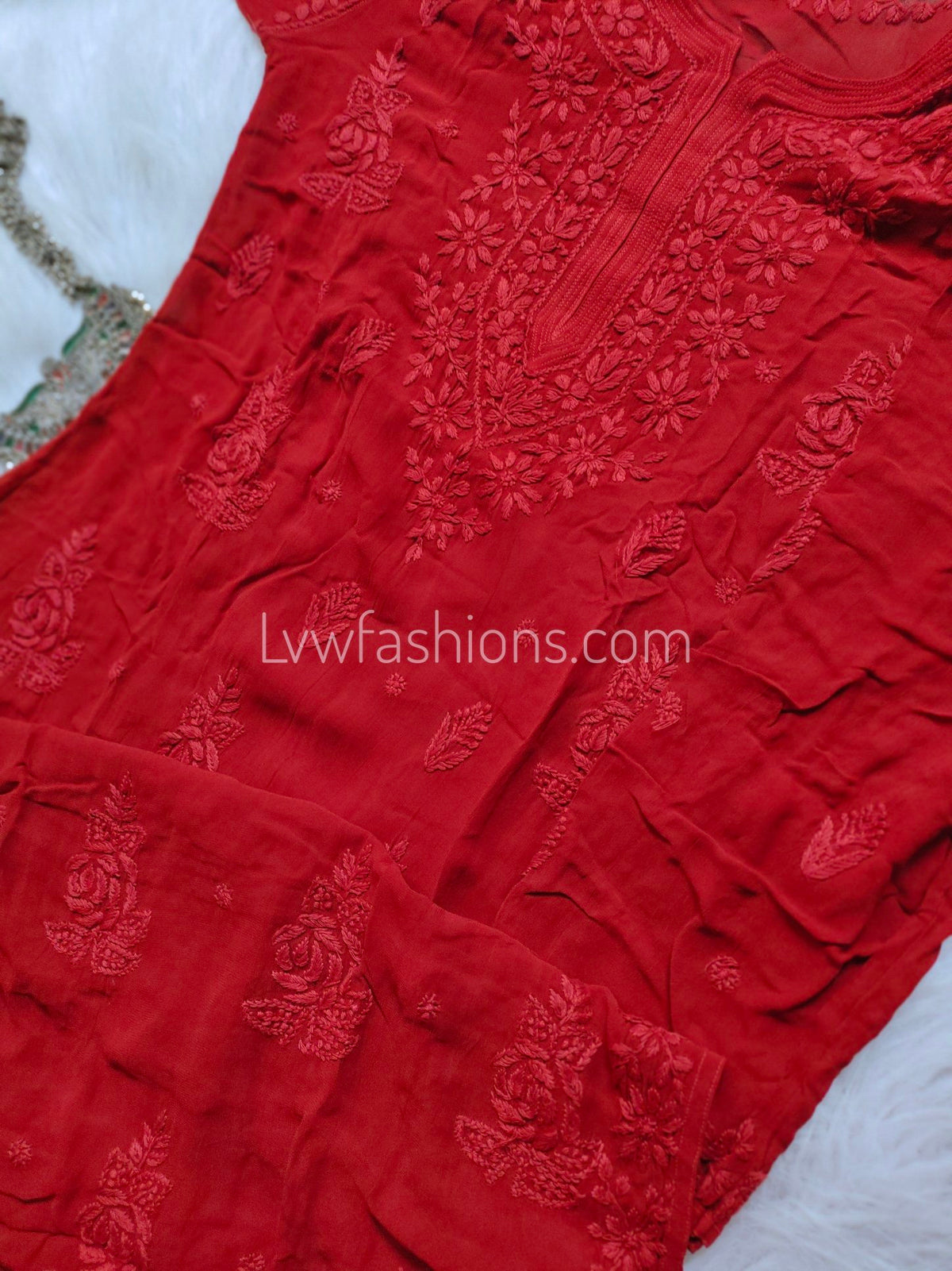 Pink Zainab Premium Georgette Chikankari Long Kurta by LVW Fashion with large side booties and intricate embroidery.