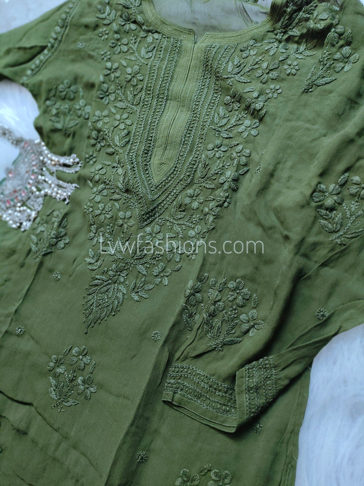 Pink Zainab Premium Georgette Chikankari Long Kurta with large side Booties by LVW Fashion Luxurious Chikankari, featuring intricate embroidery.