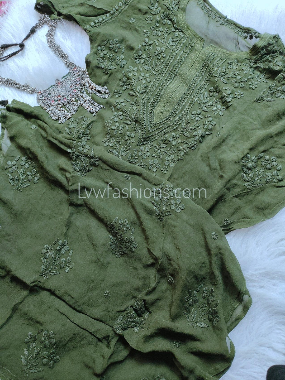 Pink Zainab Premium Georgette Chikankari Long Kurta with large side booties, by LVW Fashion Luxurious Chikankari.