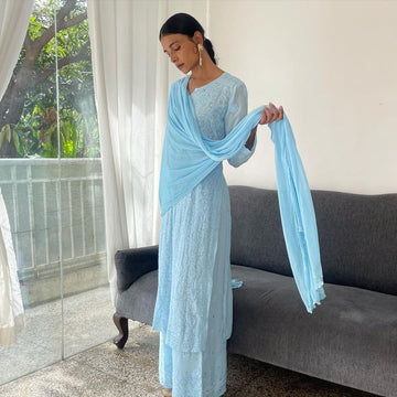 Sky blue Gazal Premium Silk Chikankari Kurta Set with Kamdani embroidery by LVW Fashion, featuring intricate hand-embroidery and elegant design.