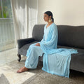 Sky blue Gazal Premium Silk Chikankari Kamdani embroidery Kurta set by LVW Fashion, featuring intricate traditional hand embroidery.