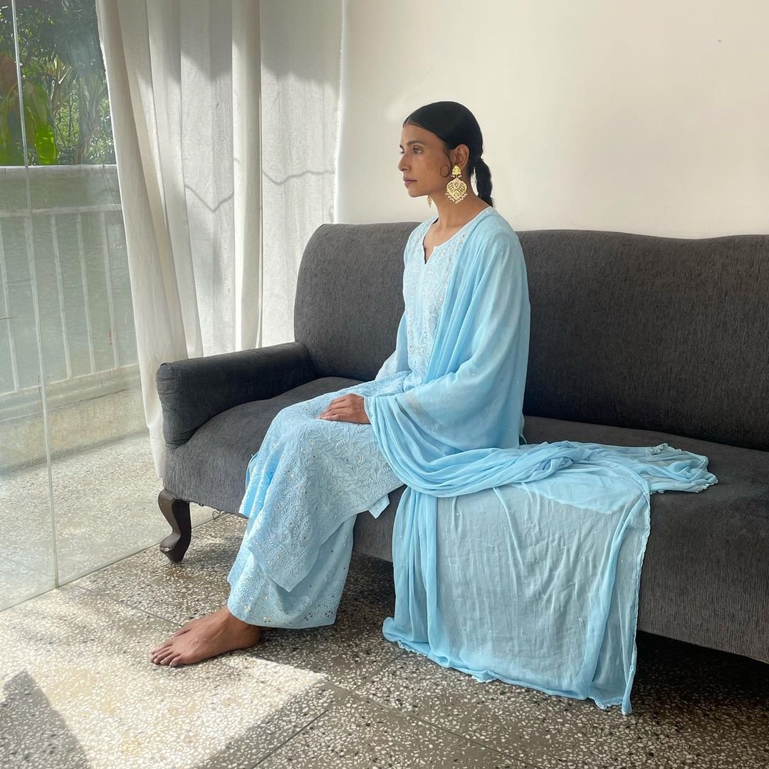 Sky blue Gazal Premium Silk Chikankari Kamdani embroidery Kurta set by LVW Fashion, featuring intricate traditional hand embroidery.