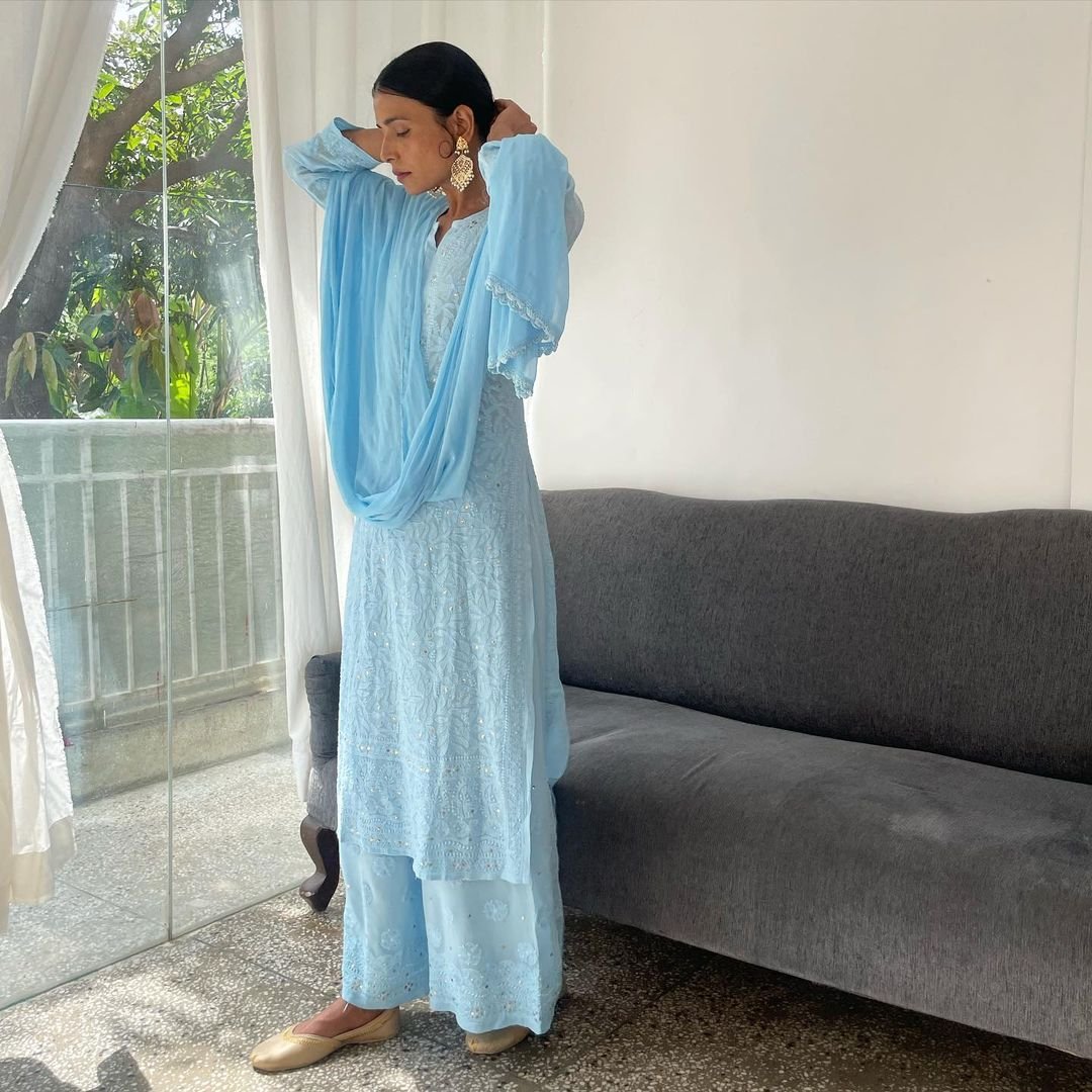 Sky blue Gazal Premium Silk Chikankari Kamdani Embroidery Kurta Set by LVW Fashion, elegant traditional Indian attire with intricate embroidery.