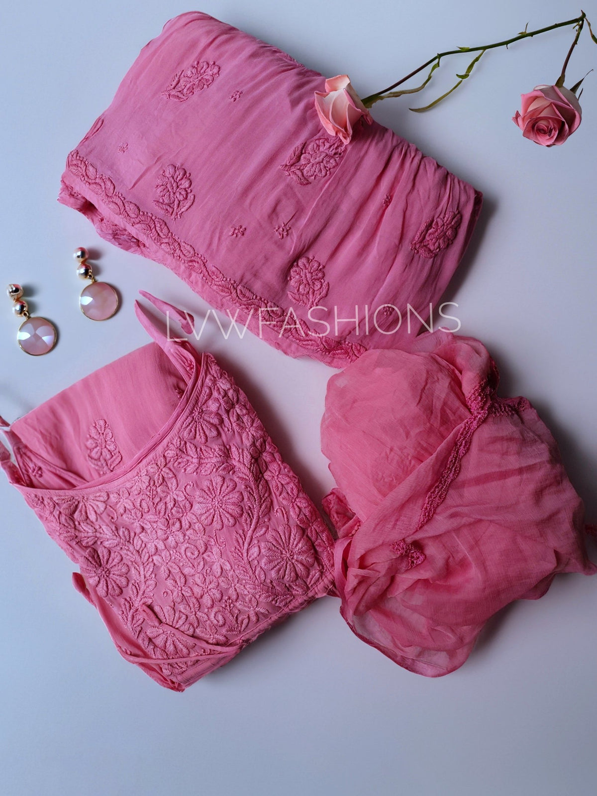 Pinkish Tulip Tunic Chikankari with matching Gharara set by LVW Fashion, featuring intricate embroidery and traditional design.