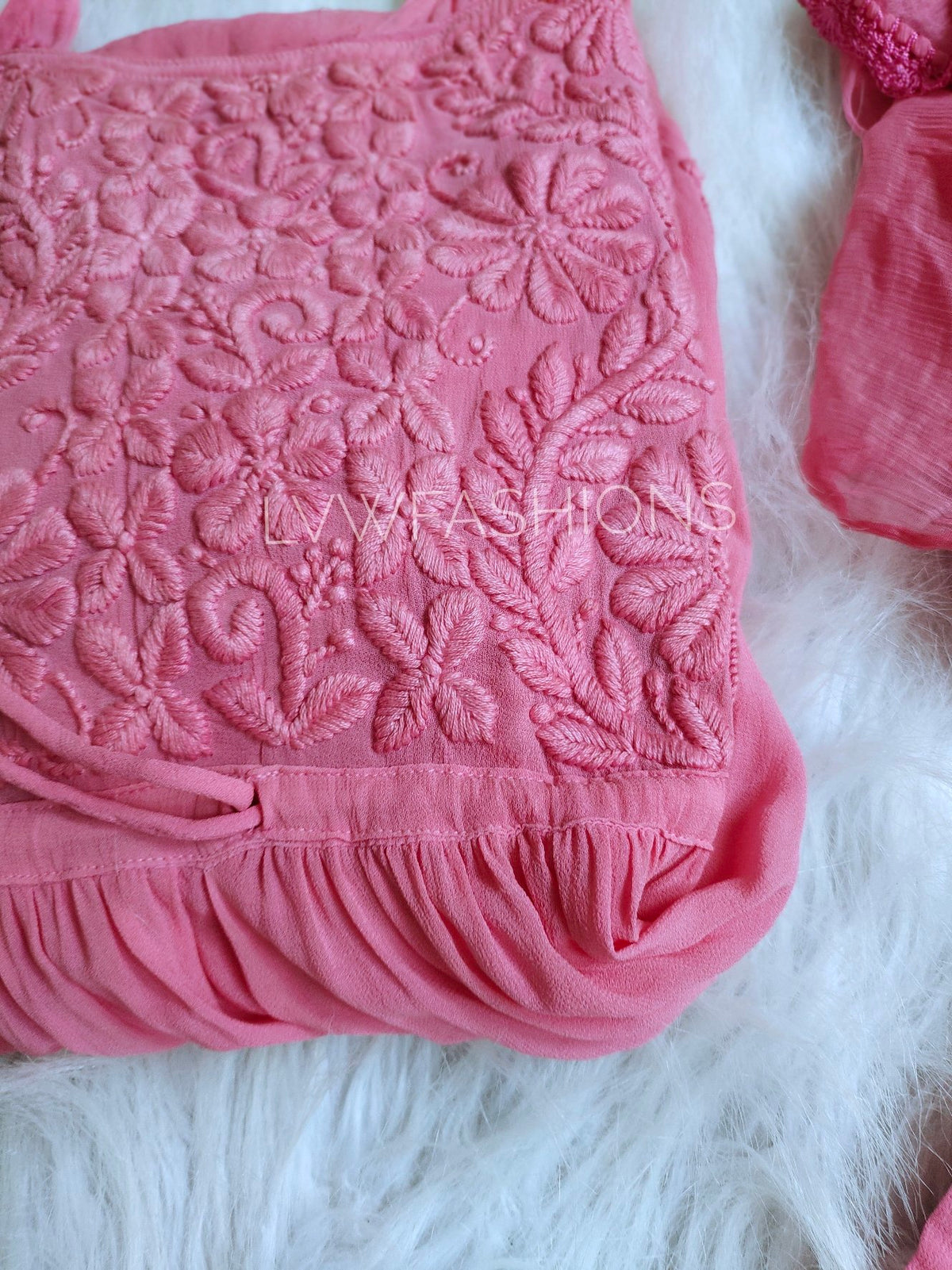 Pinkish Tulip Tunic Chikankari with matching Gharara from LVW Fashion Luxurious Chikankari set, featuring intricate embroidery and traditional style.