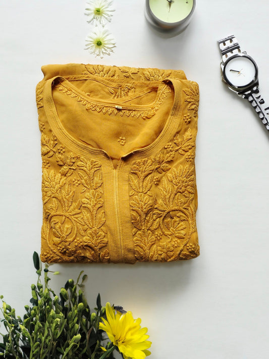 Luxurious Mahira Premium Georgette long Chikankari Kurta with matching pant and dupatta, showcasing intricate embroidery and elegant design.