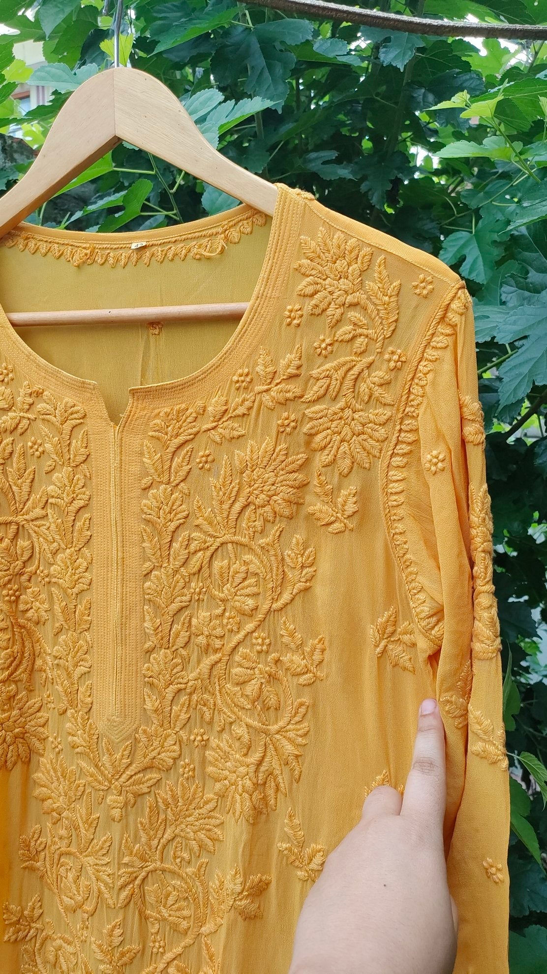 Luxurious Mahira Premium Georgette long Chikankari kurta with matching pants and dupatta from LVW Fashion Luxurious Chikankari.
