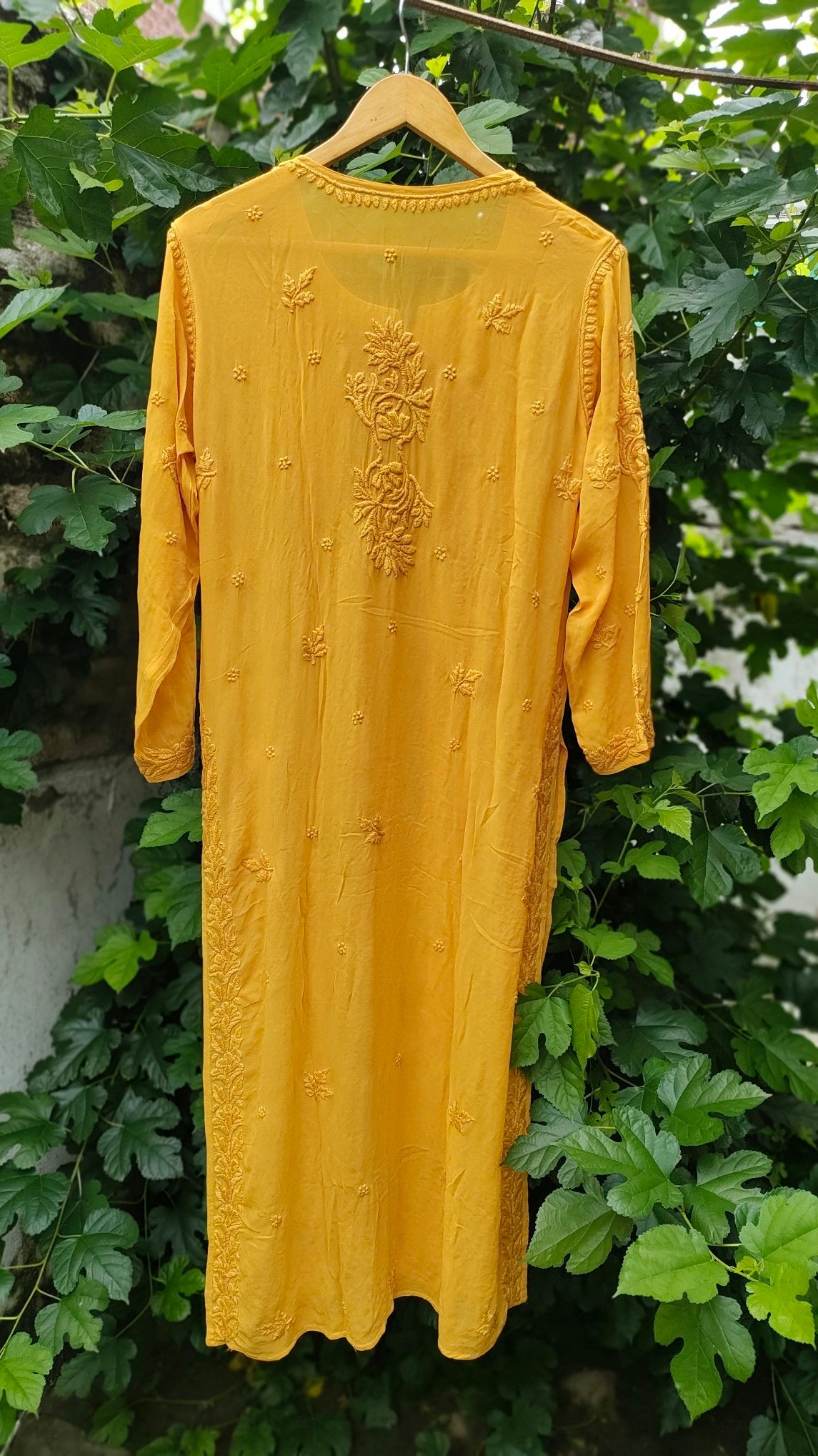 Mahira Premium Georgette long Chikankari kurta with matching pants and dupatta, showcasing intricate embroidery and a luxurious look.