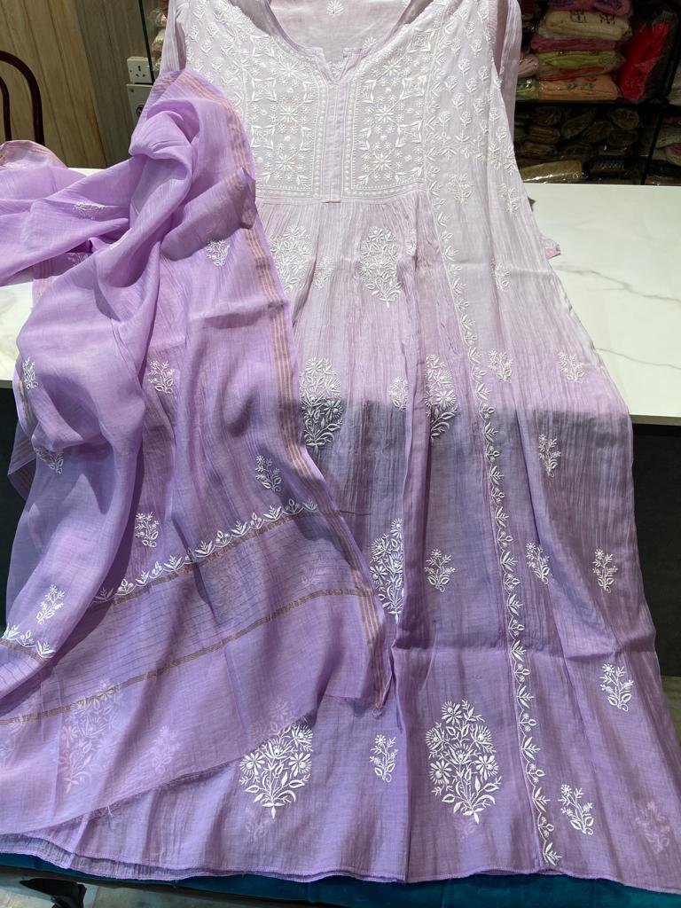 Elegant blue Mul Chanderi tunic dress with Chikankari embroidery and matching dupatta, semi-stitched by LVW Fashion Luxurious Chikankari.