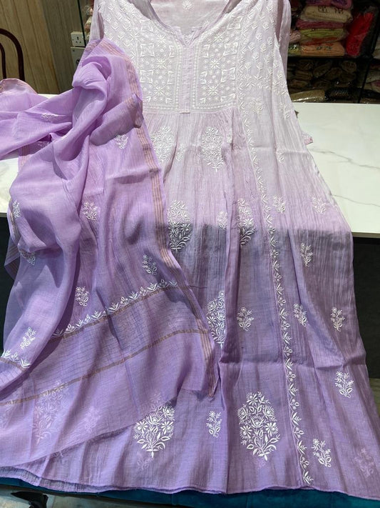 Elegant blue Mul Chanderi tunic dress with Chikankari embroidery and matching dupatta, semi-stitched by LVW Fashion Luxurious Chikankari.