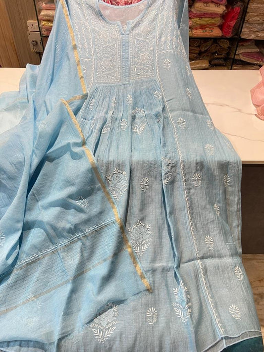 Blue pure Mul Chanderi tunic dress with elegant Chikankari embroidery and matching dupata, semi-stitched by LVW Fashion.