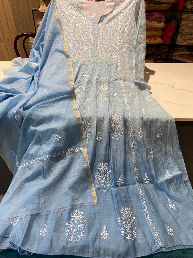 Luxurious LVW Fashion Chikankari blue pure Mul Chanderi tunic dress with elegant dupatta and intricate embroidery, semi-stitched.