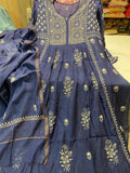 Luxurious LVW Fashion Chikankari blue Mul Chanderi tunic dress with dupatta, elegant embroidery, semi-stitched, traditional Indian style.