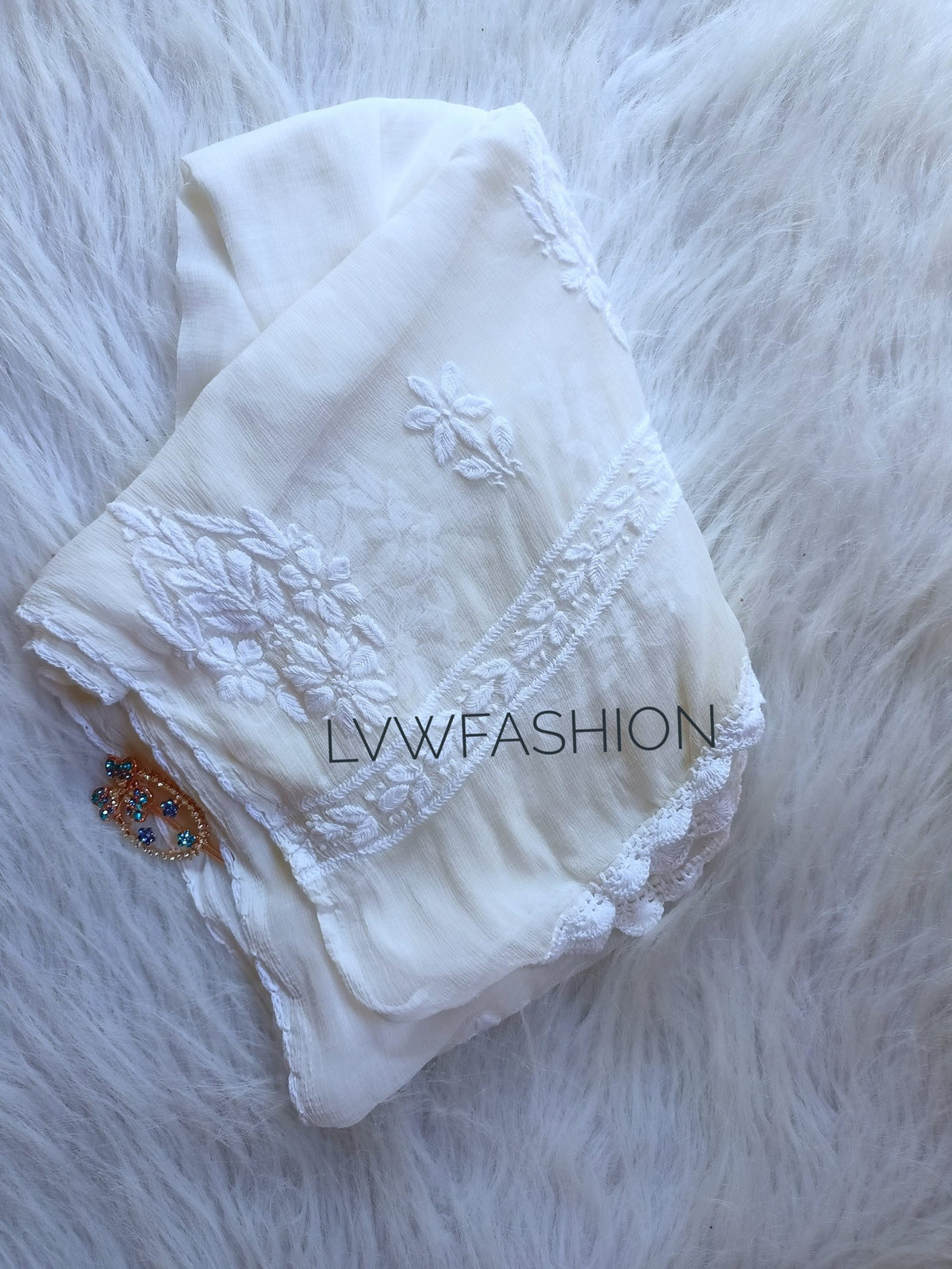 Adaya premium georgette dupatta with intricate white chikankari embroidery, 2.75 meters long, by LVW Fashion Luxurious Chikankari.