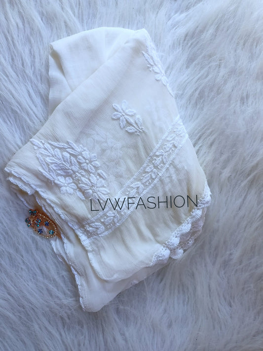 Adaya premium georgette dupatta with intricate white chikankari embroidery, 2.75 meters long, by LVW Fashion Luxurious Chikankari.