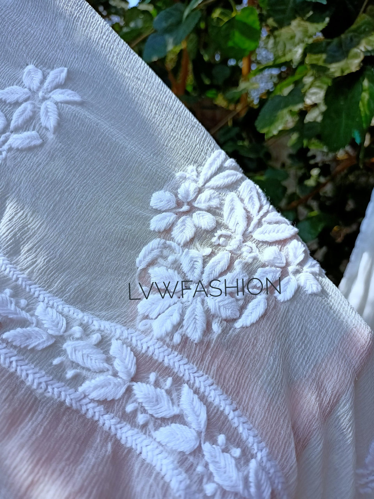 Adaya Duptta by LVW Fashion, premium georgette with intricate chikankari embroidery, 2.75 meters long, showcasing detailed craftsmanship.