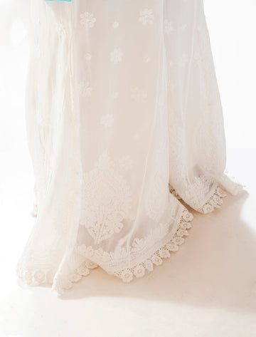 Beautiful white premium georgette plazzo sharara inner attached from LVW Fashion Luxurious Chikankari, showcasing intricate embroidery details.