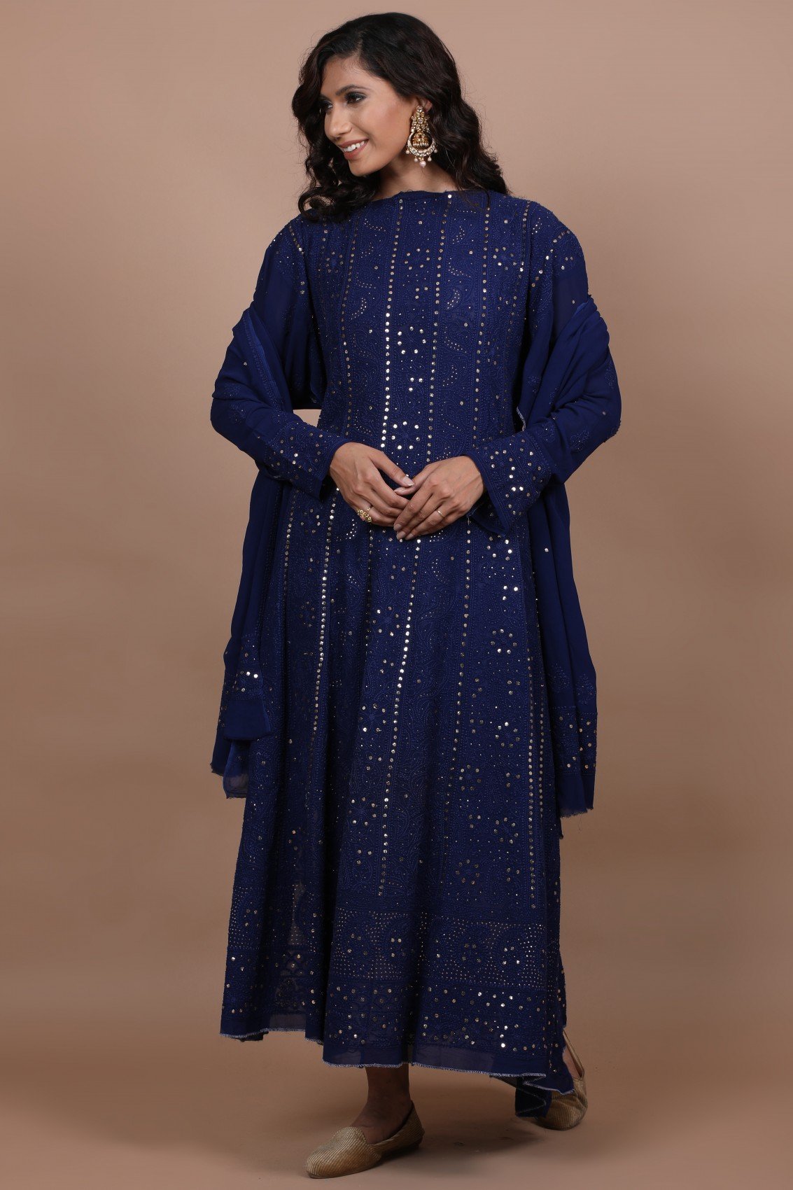 Elegant semi-stitched Anarkali dress in premium georgette with intricate Chikankari and Kamdani embroidery by LVW Fashion Luxurious Chikankari.