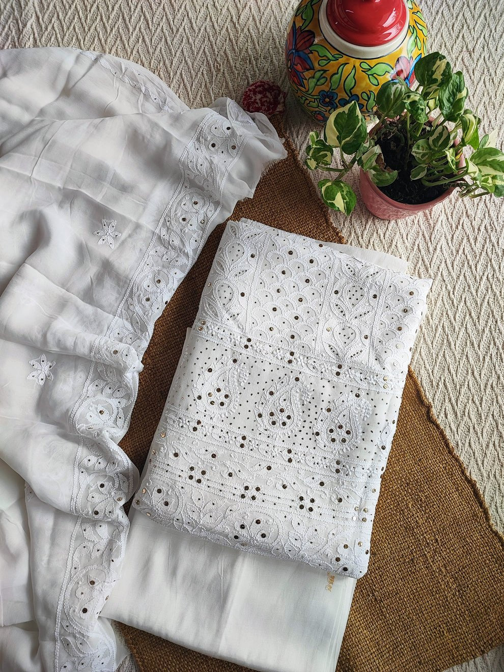 Luxurious white premium georgette unstitched Chikankari 3-piece set with pure Glaza cotton bottom by LVW Fashion Luxurious Chikankari