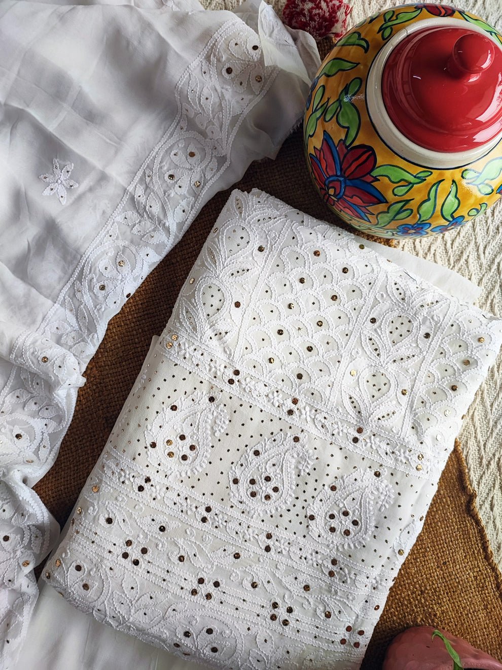 Luxurious white premium georgette unstitched Chikankari 3-piece set with pure Glaza cotton bottom, by LVW Fashion Luxurious Chikankari.