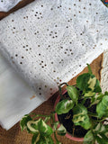 Luxurious white premium georgette unstitched Chikankari 3-piece set with pure Glaza cotton bottom by LVW Fashion Luxurious Chikankari.