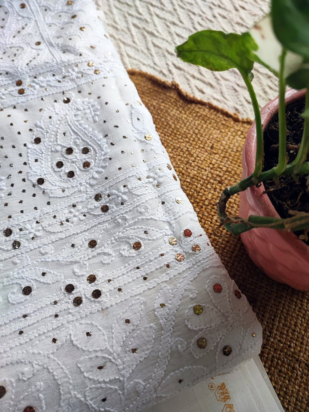 Luxurious white premium georgette unstitched Chikankari 3-piece set with pure Glaza cotton bottom by LVW Fashion Luxurious Chikankari.