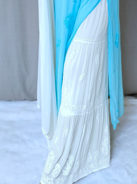Premium Georgette Gharara set with Kamdani embroidery and attached lining, by LVW Fashion Luxurious Chikankari.