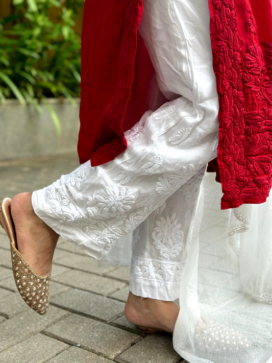 Premium Georgette Chikankari pant with attached lining in Dyeble fabric from LVW Fashion, showcasing intricate hand embroidery and soft fabric.