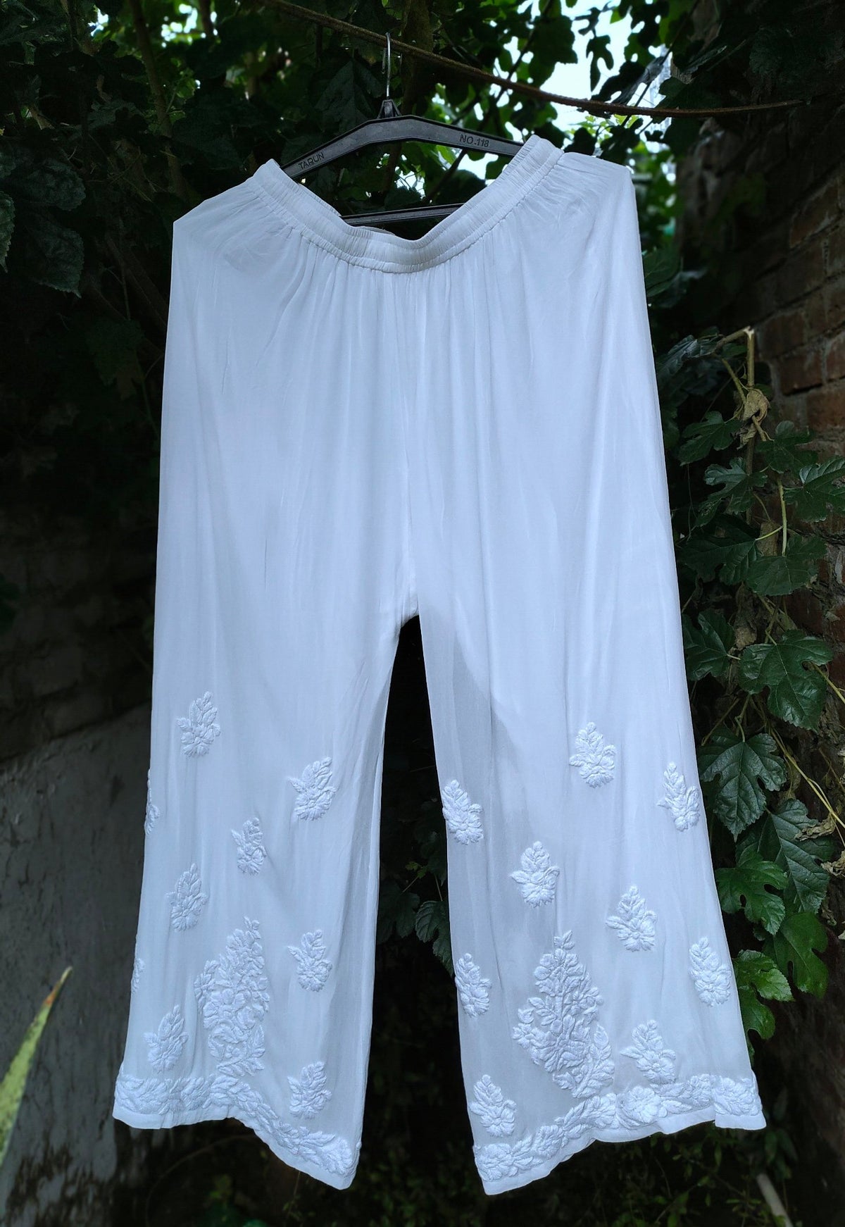 Premium Georgette Chikankari Plazzos by LVW Fashion with attached lining, free size, showcasing intricate hand-embroidery and elegant design.