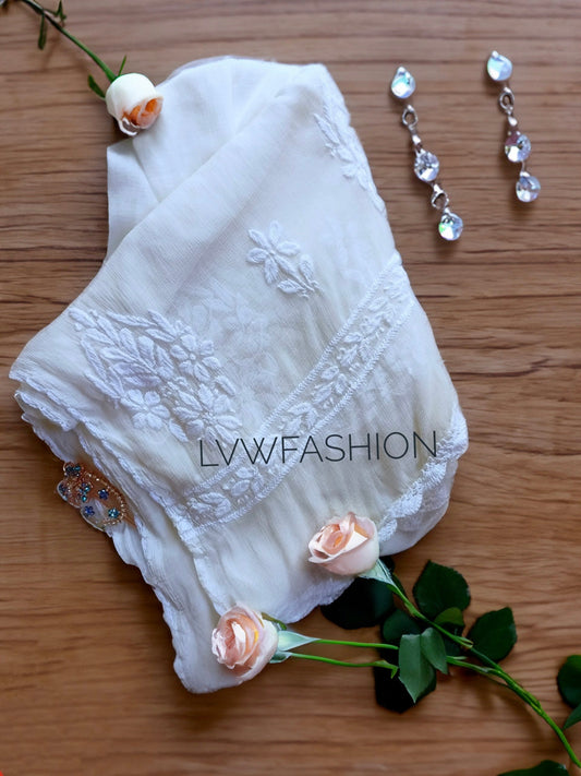 Elegant pure chiffon dupatta with intricate SARA Chikankari embroidery by LVW Fashion, showcasing delicate craftsmanship and luxurious design.