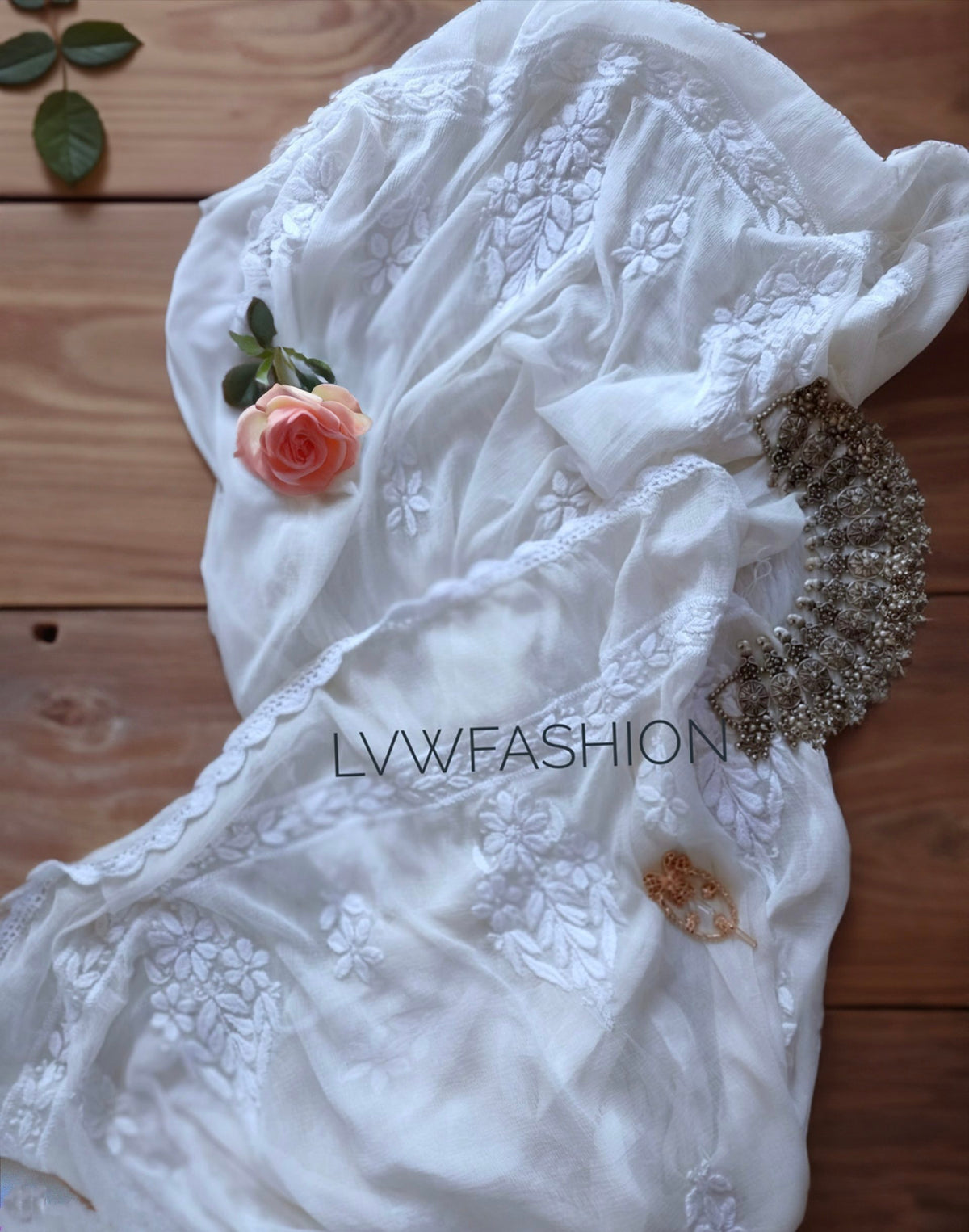 Elegant pure chiffon dupatta with intricate SARA Chikankari embroidery by LVW Fashion, showcasing luxurious hand-stitched detail.
