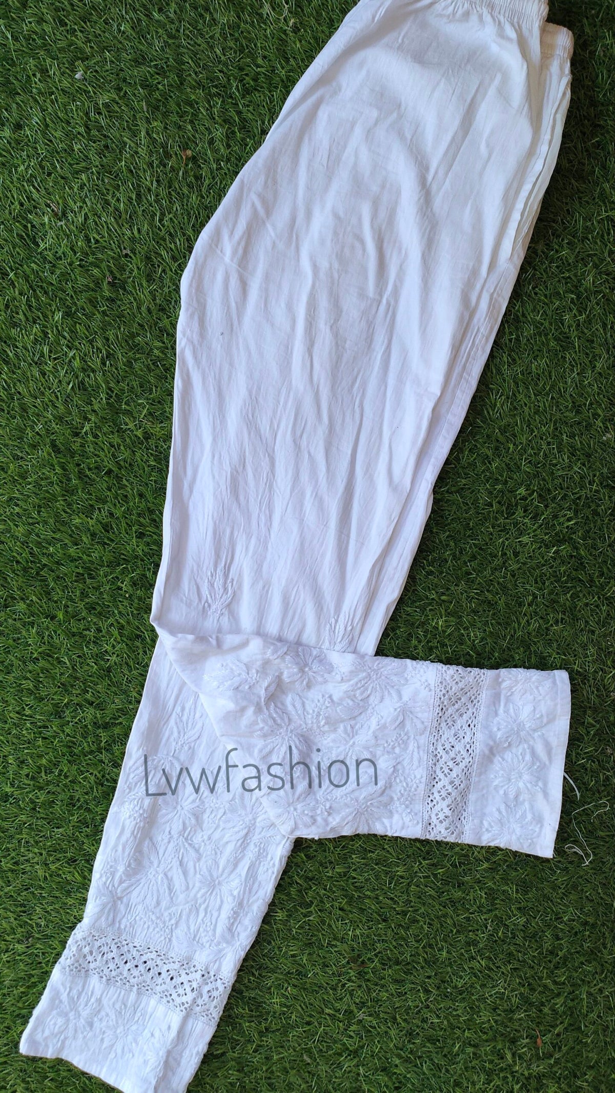 Stretchable cotton Chikankari pant with lace detail from LVW Fashion, featuring a free size and intricate embroidery.