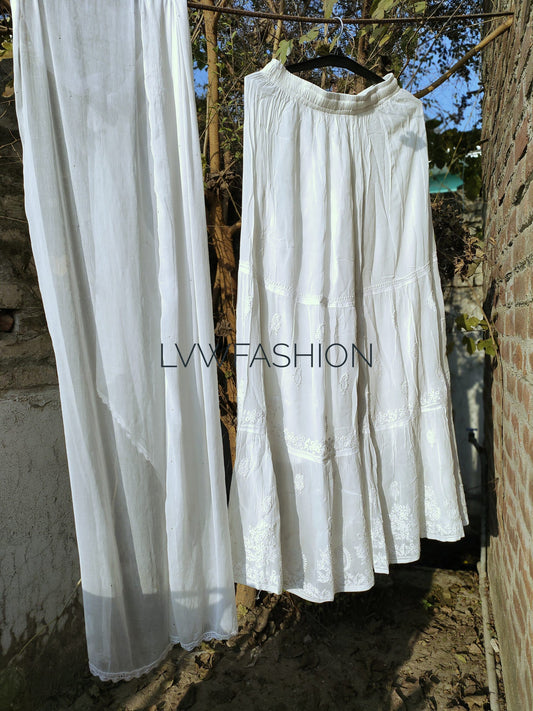 Premium Georgette Gharara Dupatta Set by LVW Fashion with intricate Chikankari and Kamdani embroidery, showcasing elegant traditional craftsmanship.