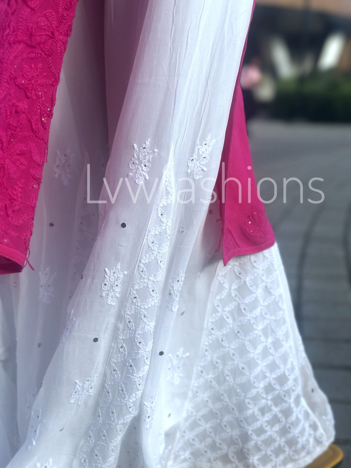 Pink and white Chikankari Sharara set by LVW Fashion Luxurious Look, featuring intricate embroidery and traditional style.