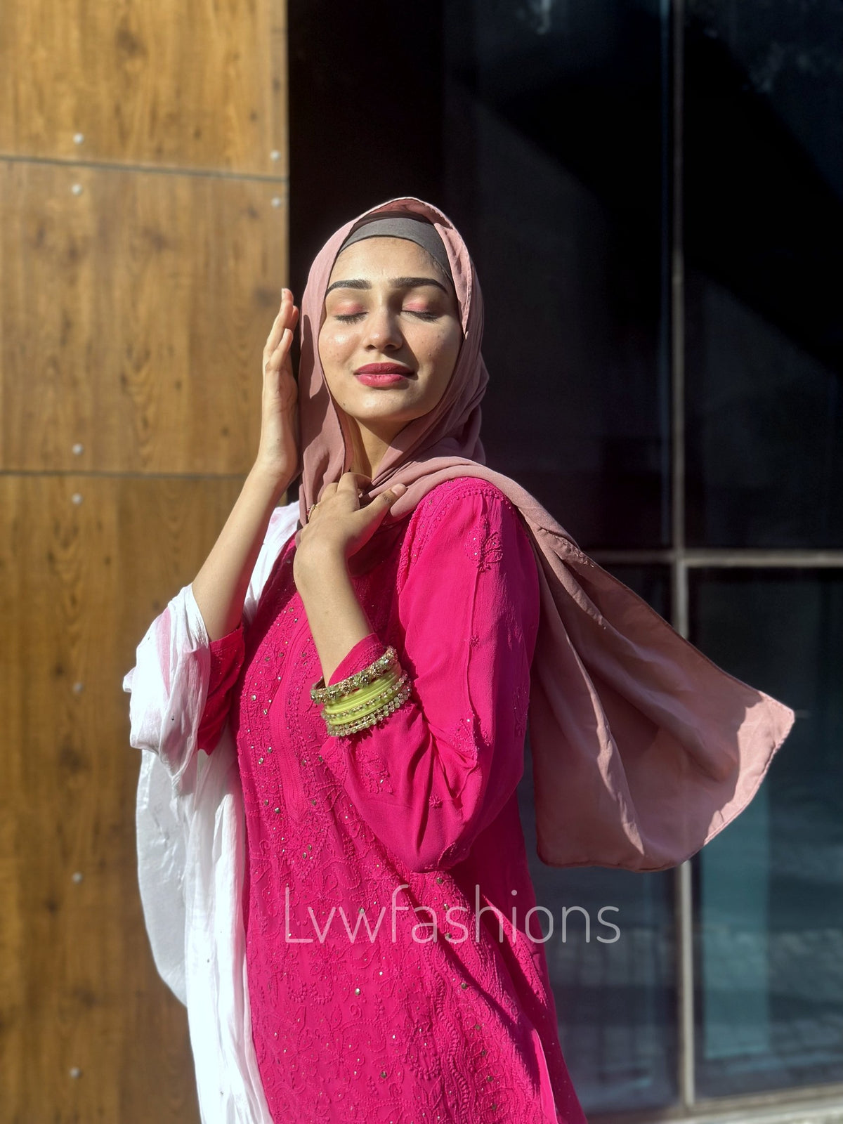 Pink and white Hoorain Chikankari Sharara Set by LVW Fashion Luxurious Look with intricate embroidery and elegant design.