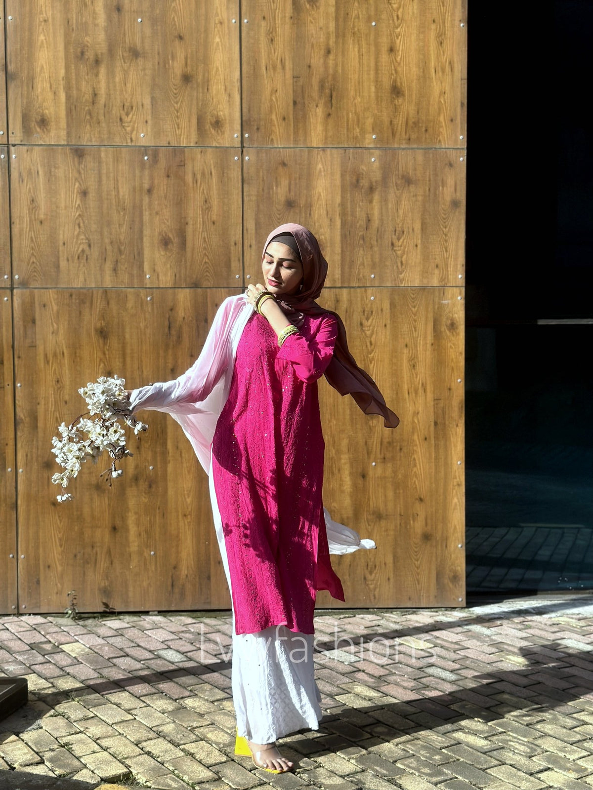 Pink and white Hoorain Chikankari Sharara Set by LVW Fashion Luxurious Look, featuring intricate embroidery and elegant traditional style.
