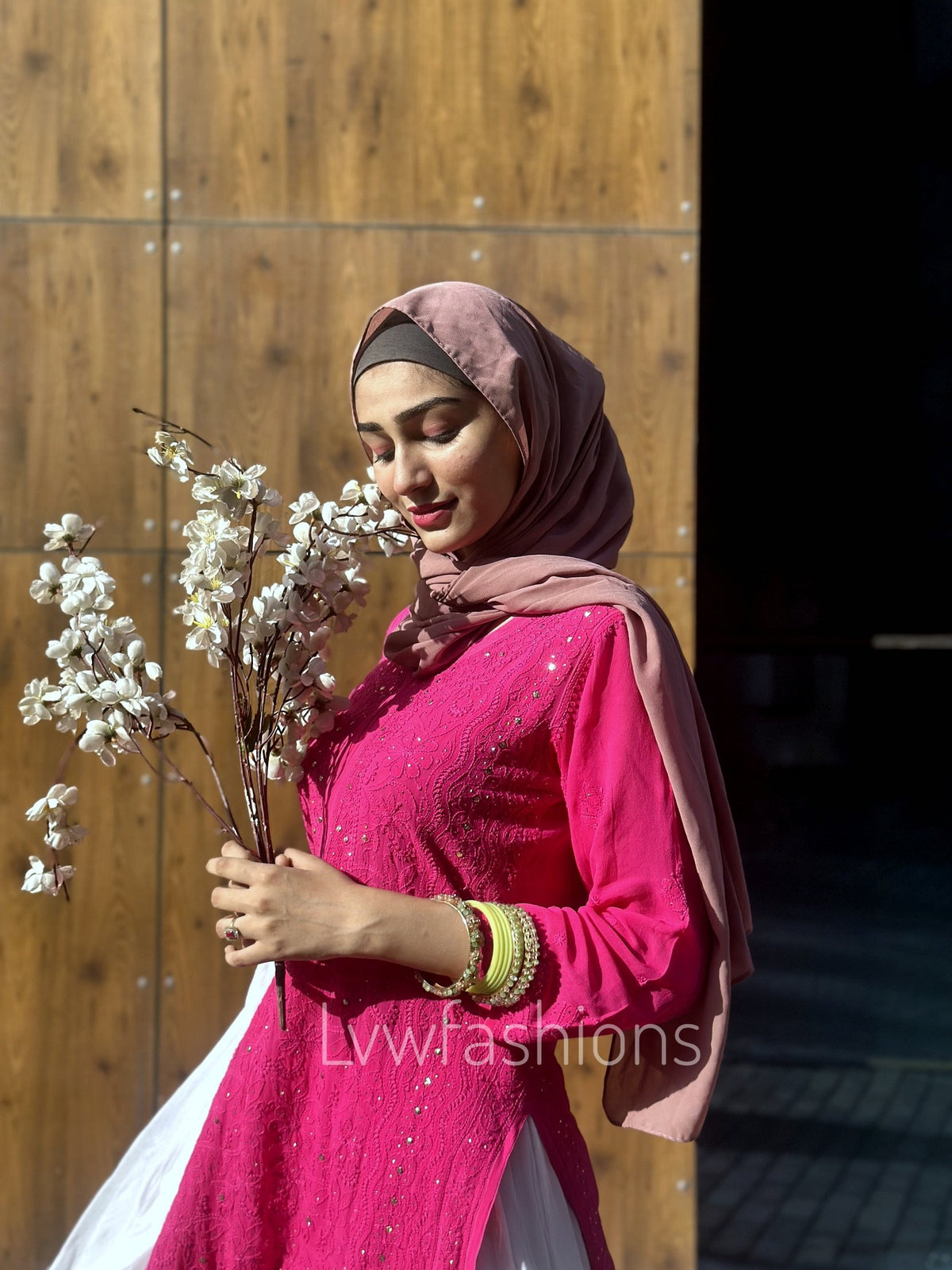 LVW Fashion Luxurious Chikankari pink and white sharara set with intricate embroidery, full-length dress with matching dupatta.