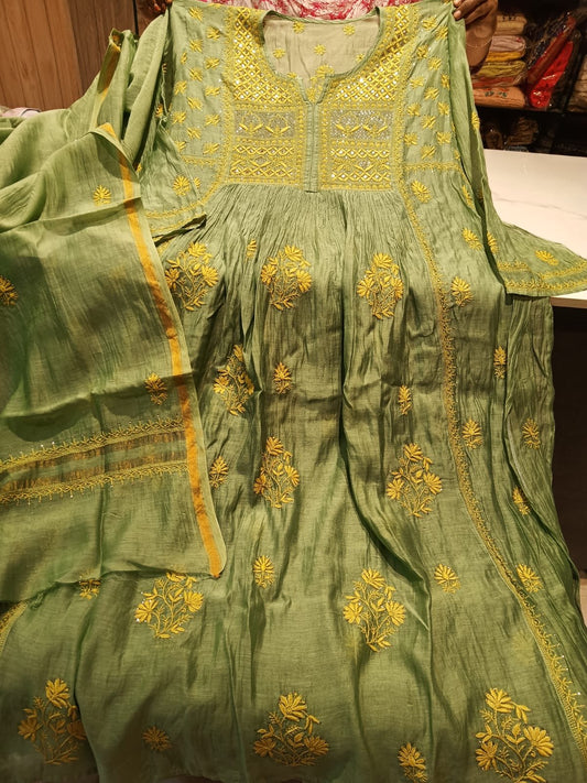 Green Pure Chanderi Anarkali Kurta Set with Ek Taar Chikankari by LVW Fashion Luxurious Chikankari.