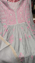 Green Pure Chanderi Anarkali Kurta Set with Ek Taar Chikankari by LVW Fashion Luxurious Chikankari, detailed embroidery.
