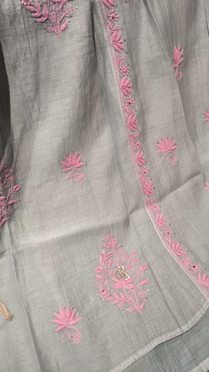 Green Pure Chanderi Anarkali Kurta Set with Ek Taar Chikankari by LVW Fashion Luxurious Chikankari, showcasing intricate embroidery.