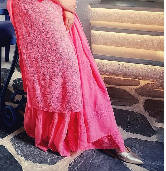 Beautiful pink Georgette Chikankari and Kamdani 3-piece gharara set by LVW Fashion, elegant traditional Indian attire.