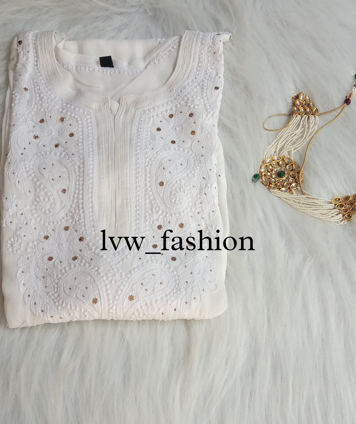 Peach premium georgette shaded kurta with intricate chikankari embroidery by LVW Fashion Luxurious Chikankari.