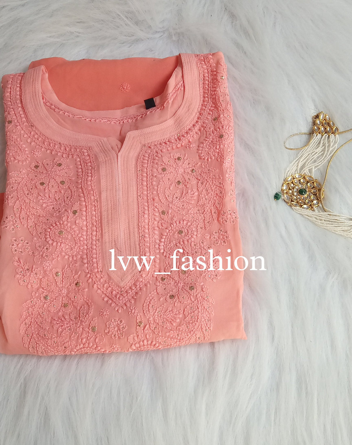 Peach Premium Georgette Shaded Kurta by LVW Fashion Luxurious Chikankari featuring intricate embroidery and elegant design.