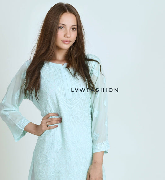 Elegant LVW Fashion Luxurious Chikankari georgette kurta with matching inner, showcasing intricate embroidery and soft fabric.
