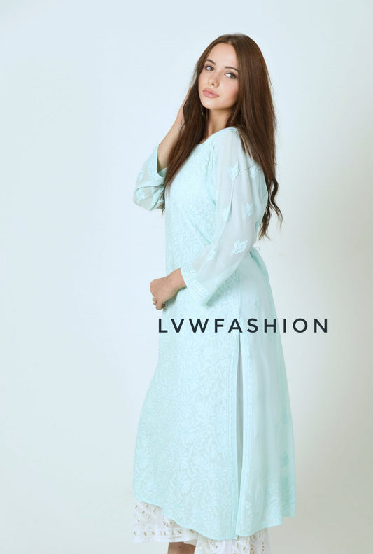 Elegant LVW Fashion Luxurious Chikankari georgette kurta with inner, showcasing intricate embroidery and a stylish, comfortable design.